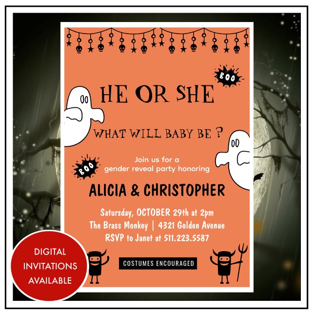 Invitation Fantômes Orange Octobre Halloween révélation du se (Ghosts-Orange-October-Halloween-gender-reveal-Invitation-1)