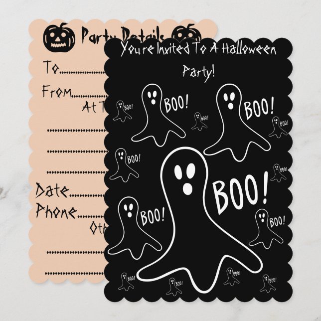 Invitation fantômes rigolotes criant boo black halloween Part (Devant / Derrière)