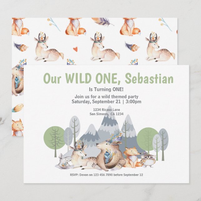Invitation Far One mignon animal thème Anniversaire (Devant / Derrière)