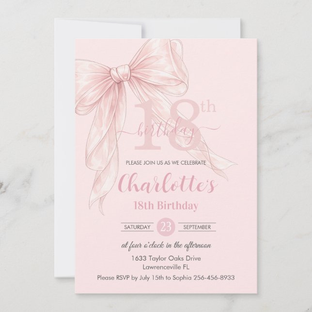 Invitation Fard à joues Coquette Rose Ruban 18e Anniversaire (Devant)