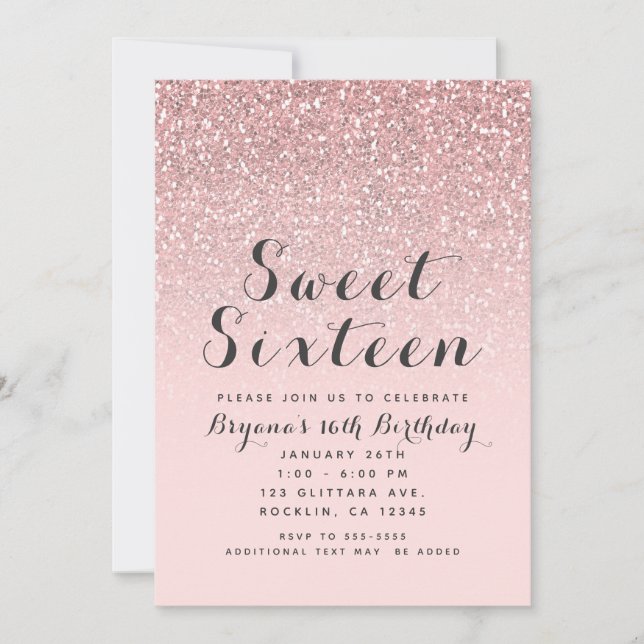Invitation Fard à joues Rose Gold Paillettes Rose Fête Douce  (Devant)
