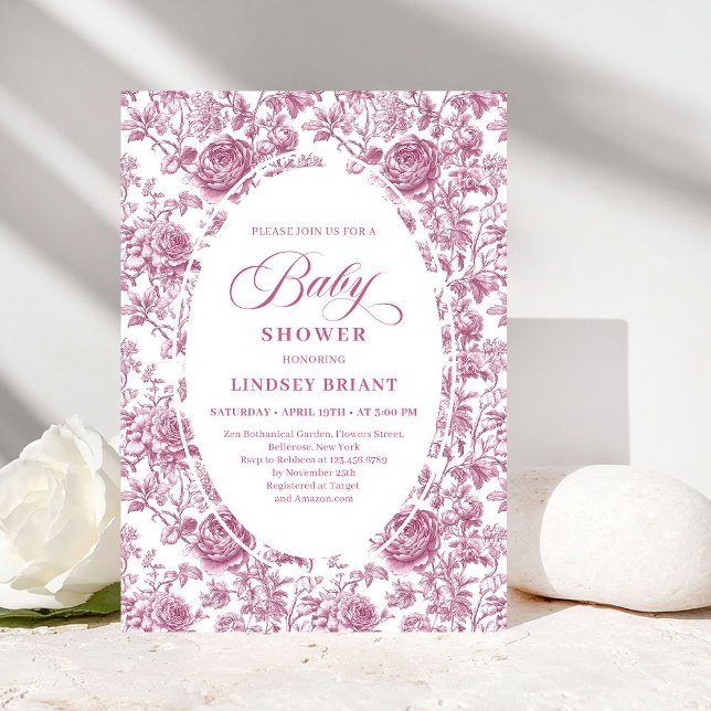 Invitation Fard à joues Rose Gold Toile Roses Fleurs Bébé Sho (Rose Gold Blush Toile Roses Floral Baby Shower Invite)