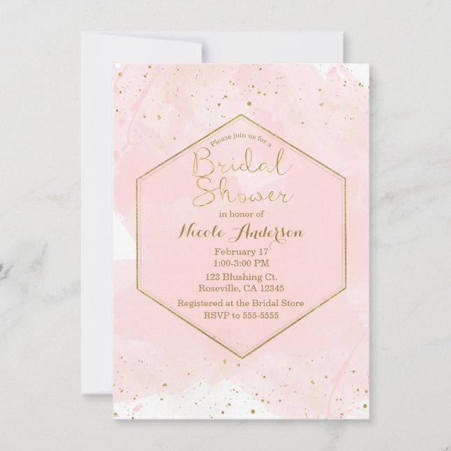 Invitation Fard à Joues Rose & Or Éclaboussures Mariage Moder (Devant)