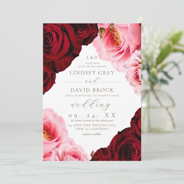 Invitation Fard Bordeaux Roses Florales Mariage  (Debout devant)