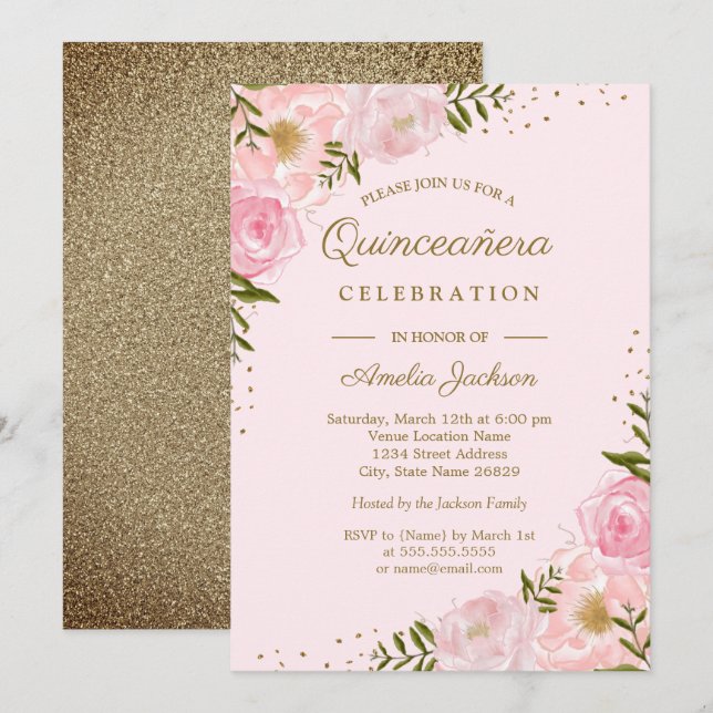 Invitation Fard doré floral aquarelle Quinceanera (Devant / Derrière)