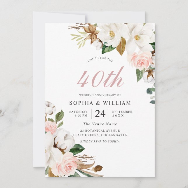 Invitation Fard & Fleurs Blanches 40e Anniversaire de Mariage (Devant)