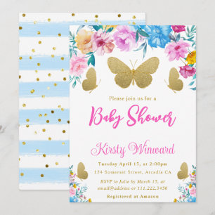 Invitation Fard. Fleurs bleues et dorées Papillon Baby Shower