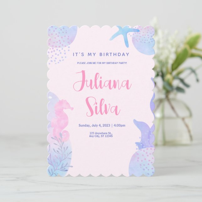 Invitation Fard Rose Aquarelle sous l'Océan Anniversaire (Debout devant)