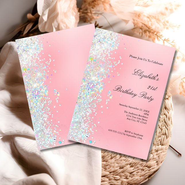Invitation Fard Rose Blanc Paillettes Glam Bling 21e Annivers (Blush Pink White Glitter 21st Twenty First Birthday Party Invitation)