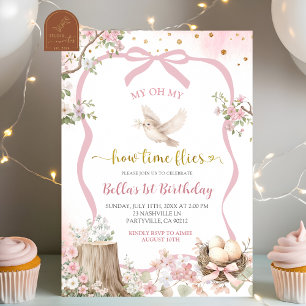 Invitation fard rose coquette printemps oiseau anniversaire