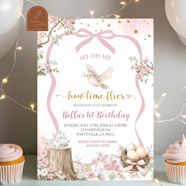 Invitation fard rose coquette printemps oiseau anniversaire  (Créateur téléchargé)