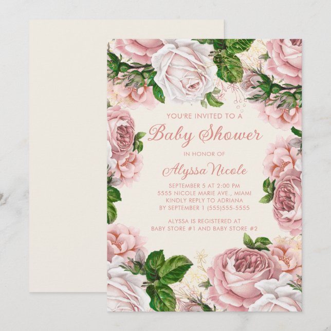 Invitation Fard Rose Fleurs Roses Blanches Baby Shower Fille (Devant / Derrière)