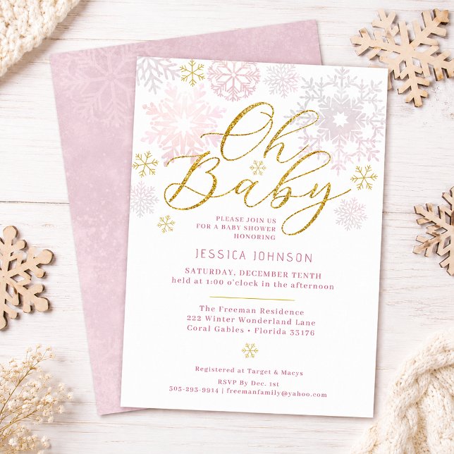 Invitation Fard Rose Flocon de Neige Bébé Hiver Oh Bébé (Winter Wonderland Baby Shower Invitation)
