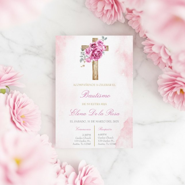 Invitation Fard rose floral avec baptême croisé  (Créateur téléchargé)