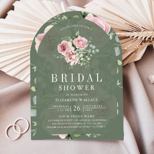 Invitation Fard Rosé Floral Vert Sauge Baby Shower de Mariée