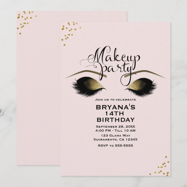 Invitation Fard Rose Gold Makeup Cils Soirée Evénement (Devant / Derrière)