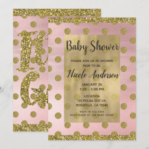 Invitation Fard Rose & Paillettes Dorées Baby Shower à pois