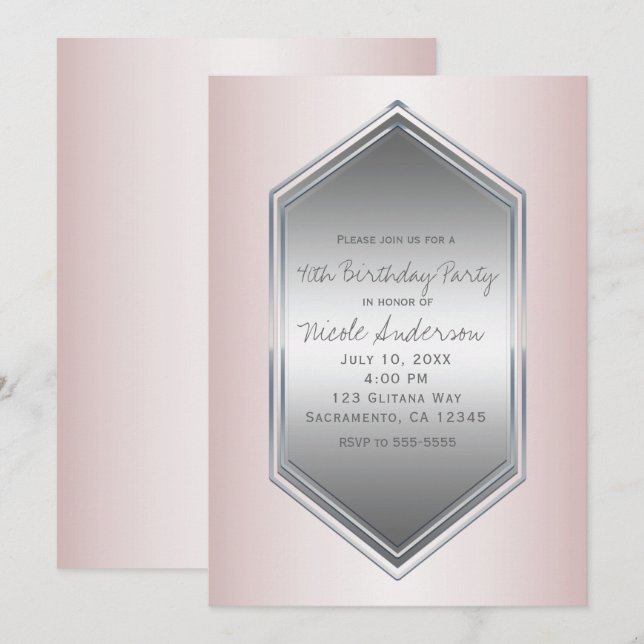 Invitation Fard Rose Perle Argent Fête d'anniversaire Toute o (Devant / Derrière)