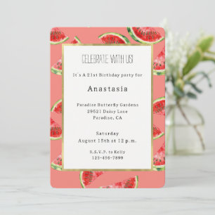 Invitation Fard Rose Rouge Vert Pastèque Anniversaire
