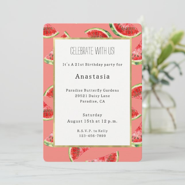 Invitation Fard Rose Rouge Vert Pastèque Anniversaire (Debout devant)