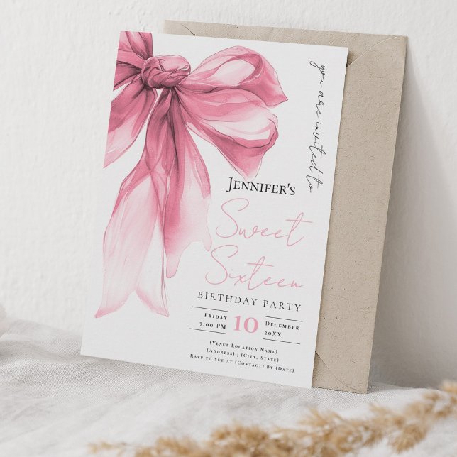 Invitation Fard Rose Ruban Coquette Script Douce 16 Fête  (Blush Pink Bow Coquette Script Sweet 16 Party Invitation)