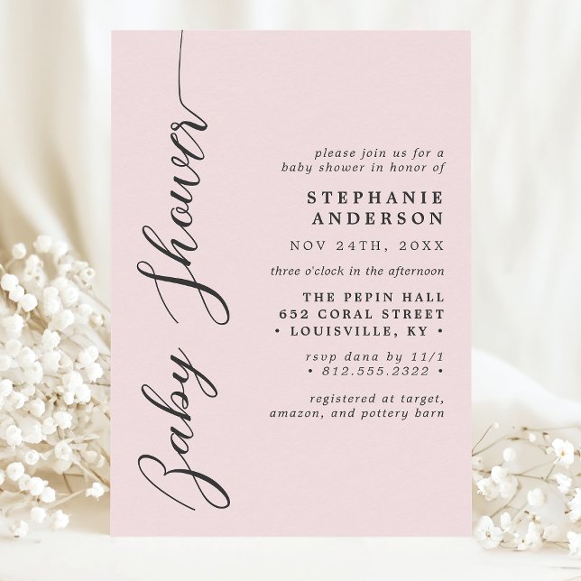 Invitation Fard Rose Simple Moderne Écriture Baby Shower (Créateur téléchargé)