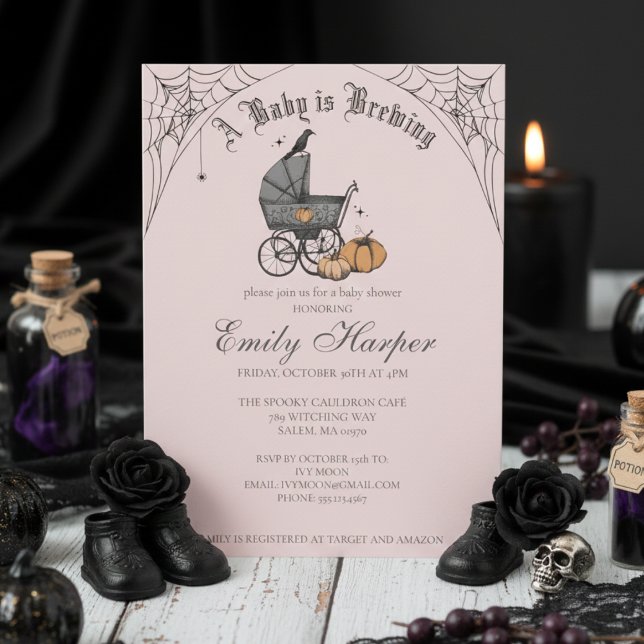 Invitation Fard Rose Un Bébé se Prépare Shower Bébé Gothique (Gothic Girl Baby Shower Invitations. Hand Drawn Spooky Retro Stroller in Black Ink for Mother to Be.)