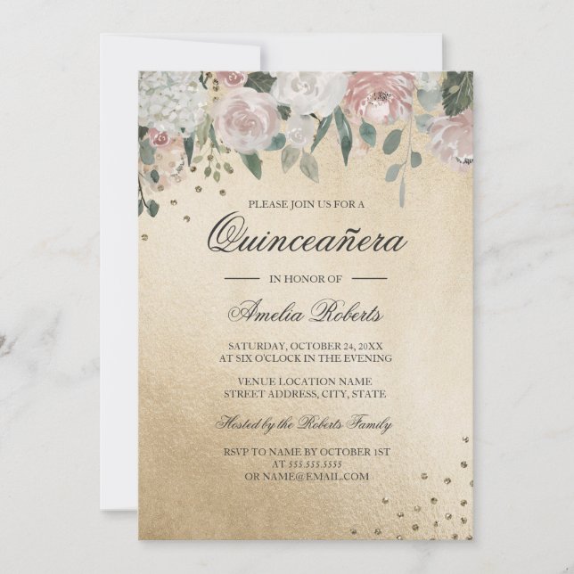 Invitation Fardée de rose Bouquet de fleurs aquarelle Quincea (Devant)