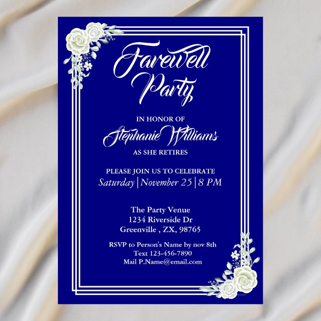 Invitation Farewell Élégant Script Blue White Rose Party (Créateur téléchargé)
