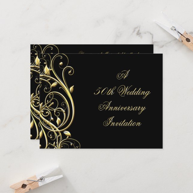 Invitation Farine Black Gold Flourish 50e anniversaire (Devant/Arrière en situation)