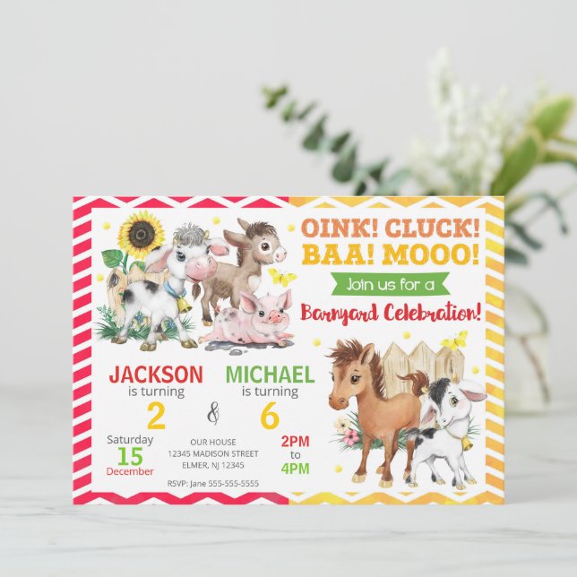 Invitation Farm Animals Barnyard Joint Birthday Party (Debout devant)