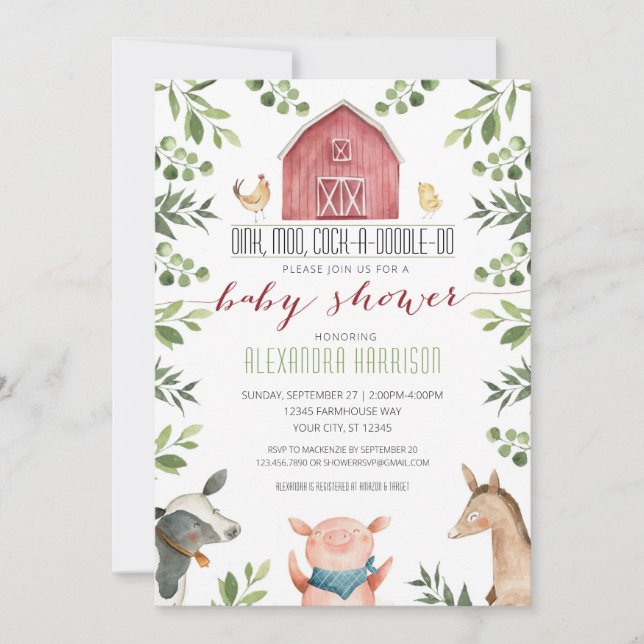 Invitation Farm Animals Greenery Baby Shower Invite (Devant)