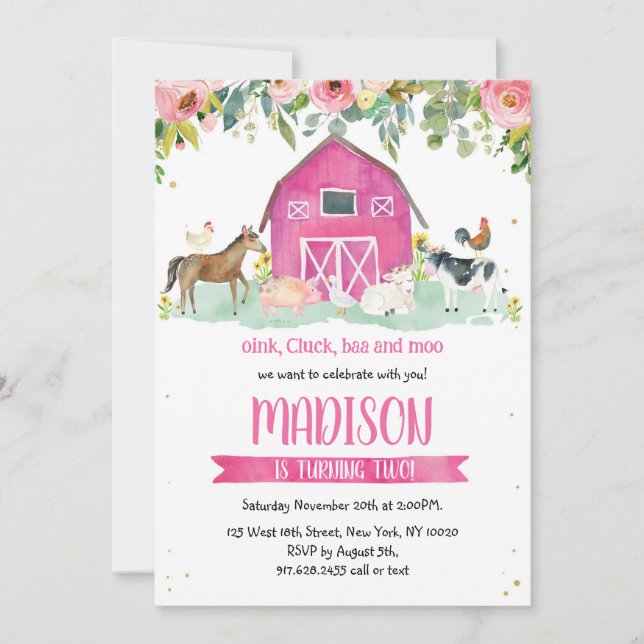 Invitation Farm Animals Oink Baa Moo Pink Girl 1st Birthday  (Devant)