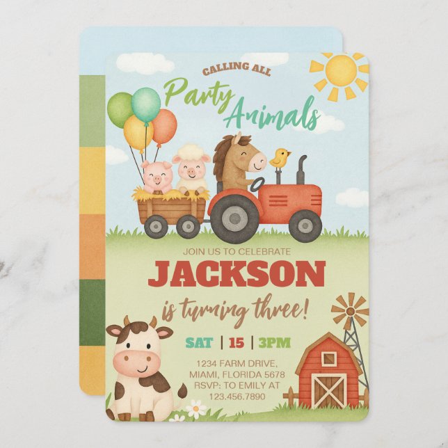 Invitation Farm Animals Ranch Kids Birthday (Devant / Derrière)