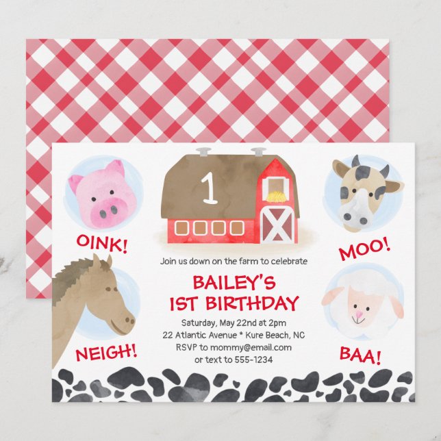 Invitation Farm Barnyard Animals Red Gingham Boy Birthday (Devant / Derrière)
