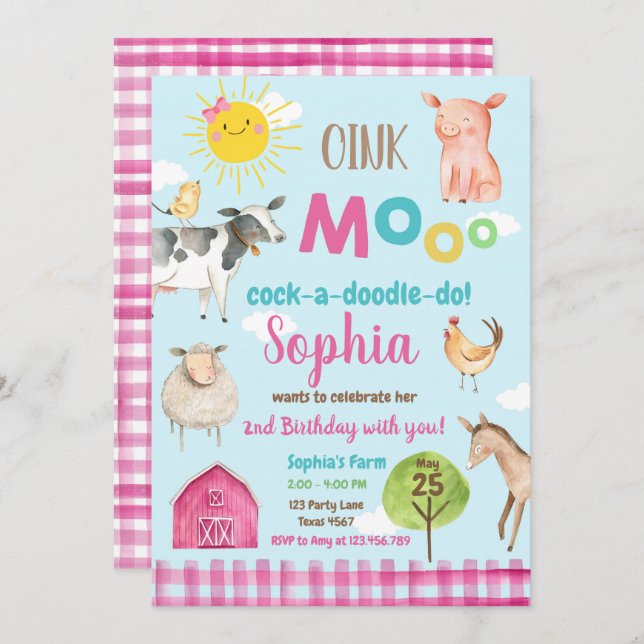 Invitation Farm Old MacDonald Barnyard Pink Animals Party (Devant / Derrière)