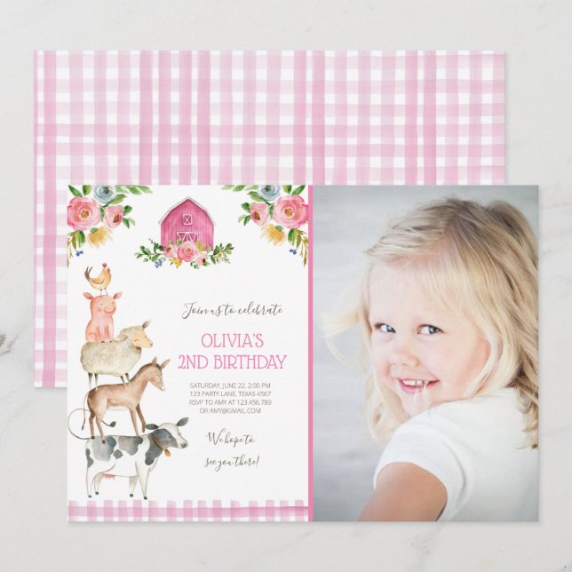 Invitation Farm Old MacDonald Barnyard Pink Animals Party (Devant / Derrière)