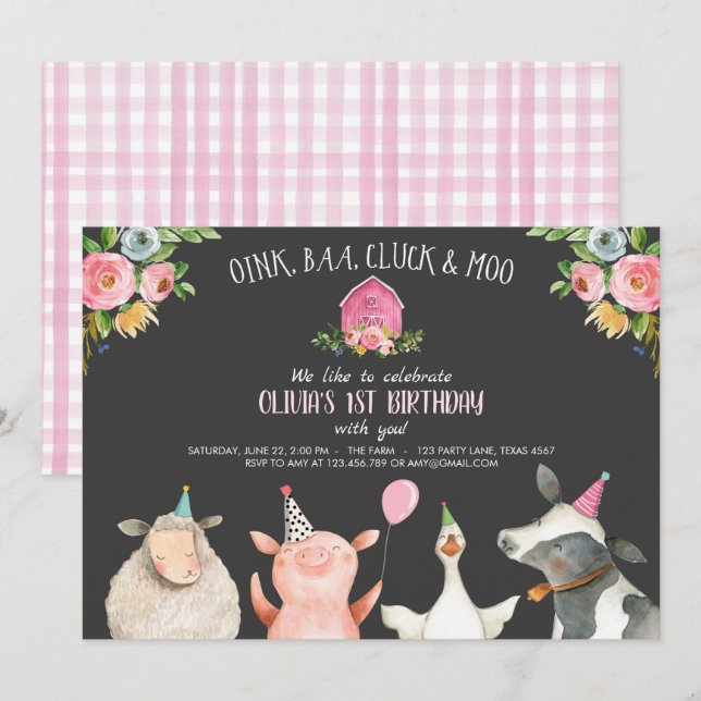Invitation Farm Old MacDonald Barnyard Pink Animals Party (Devant / Derrière)