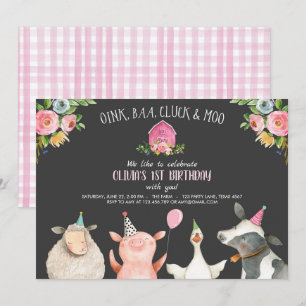 Invitation Farm Old MacDonald Barnyard Pink Animals Party