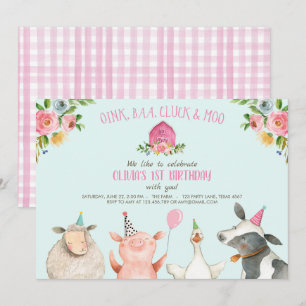 Invitation Farm Old MacDonald Barnyard Pink Animals Party