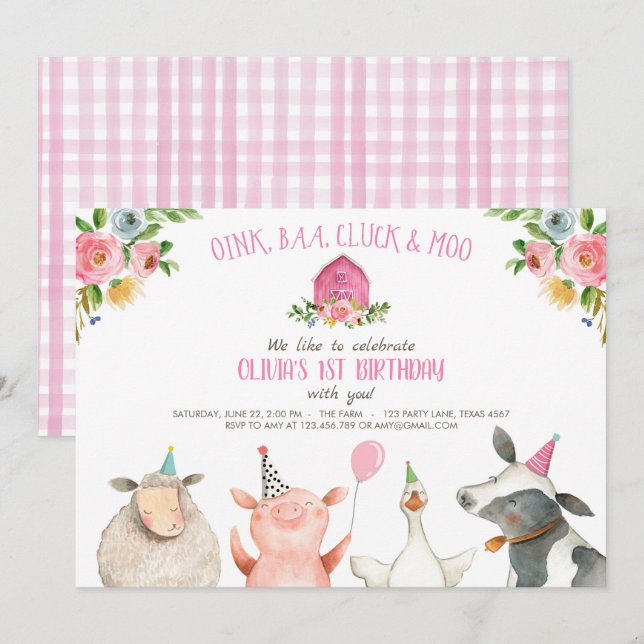 Invitation Farm Old MacDonald Barnyard Pink Animals Party (Devant / Derrière)