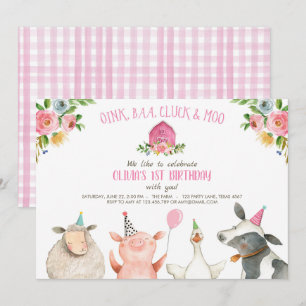 Invitation Farm Old MacDonald Barnyard Pink Animals Party