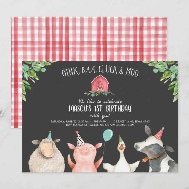 Invitation Farm Old MacDonald Barnyard Red Boy Animals Party (Devant / Derrière)