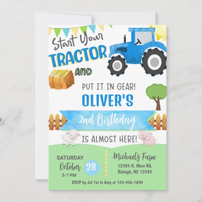 Invitation Farm tractor boy ANY AGE birthday invitation. (Devant)