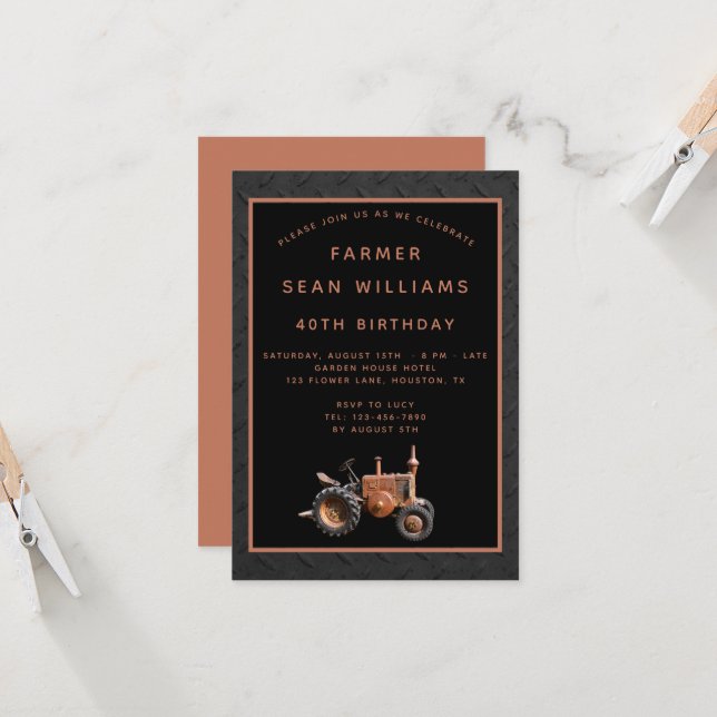 Invitation Farmer vintage fête du 40e anniversaire (Devant/Arrière en situation)