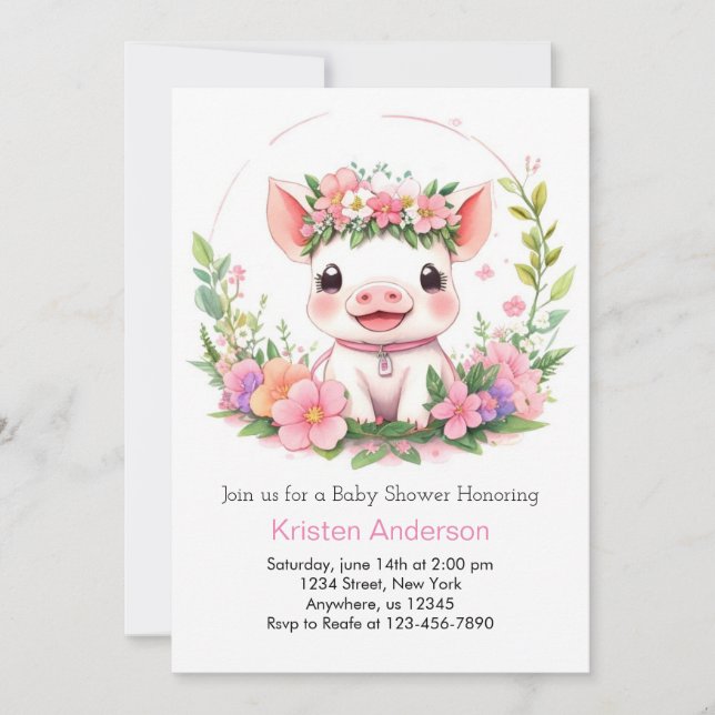 Invitation Farmyard Adventure Pink Piggy Girl Baby shower (Devant)