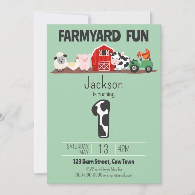 Invitation Farmyard Amusement 1er Anniversaire Ferme Animal A (Devant)