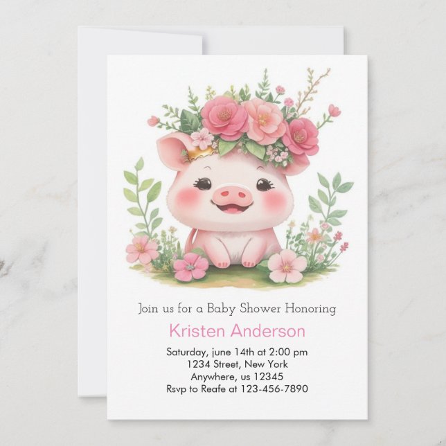 Invitation Farmyard Blissful Piggy Aventure Baby shower fille (Devant)