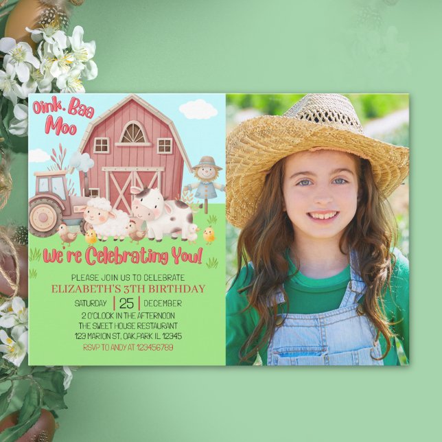 Invitation Farmyard Girl Birthday Photo – Cute Barn Animals  (Créateur téléchargé)
