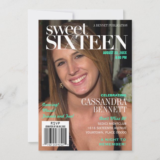 Invitation Fashion Magazine Turquoise Sweet sixteen Party (Devant)
